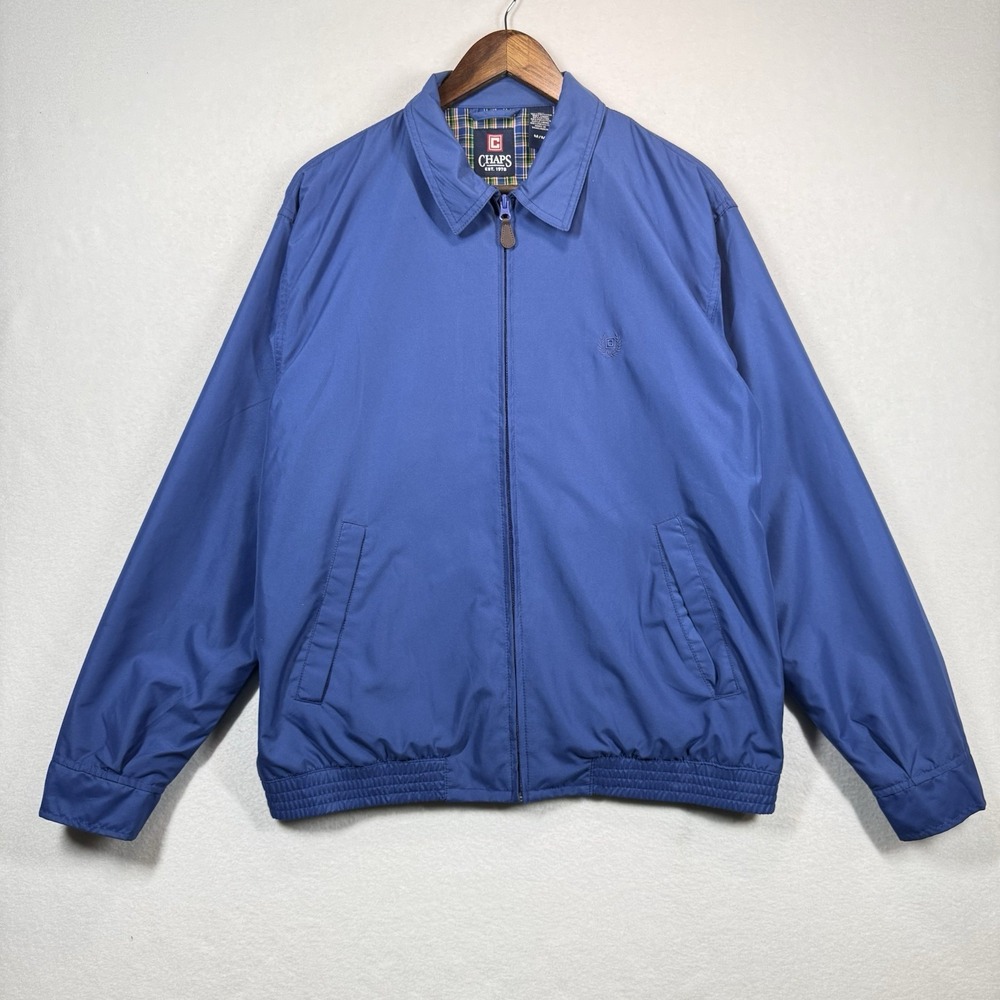 Chaps Harrington Jacket Mens Medium Blue Plaid Lined Scovill Zip‎ Classic